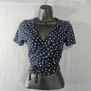 Brandy Melville Rae Wrap Top Floral Cotton Blend Stretch Measures Sz Small Navy